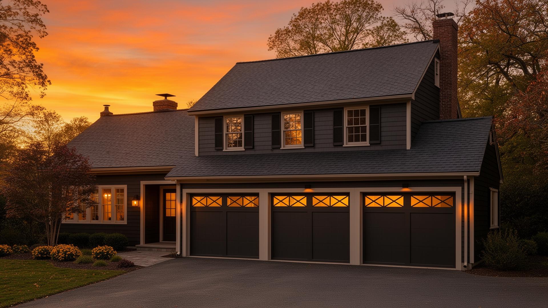Beautiful home with contemporary mid-century modern garage doors at golden hour